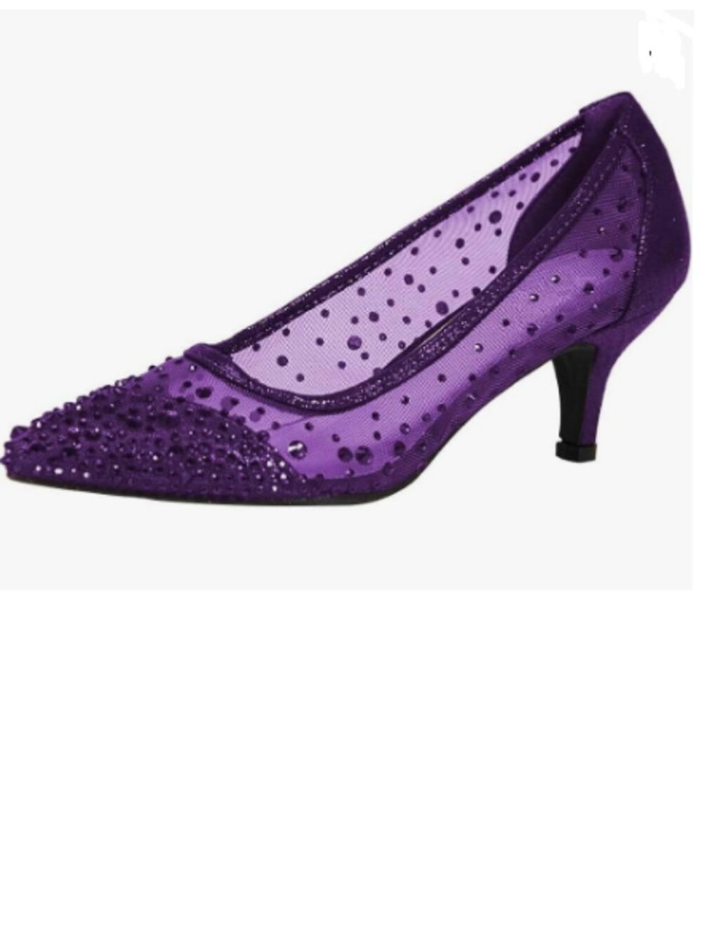 XYD Purple Sheer Mesh Pointed Kitten Heel Pumps with Crystal Accents